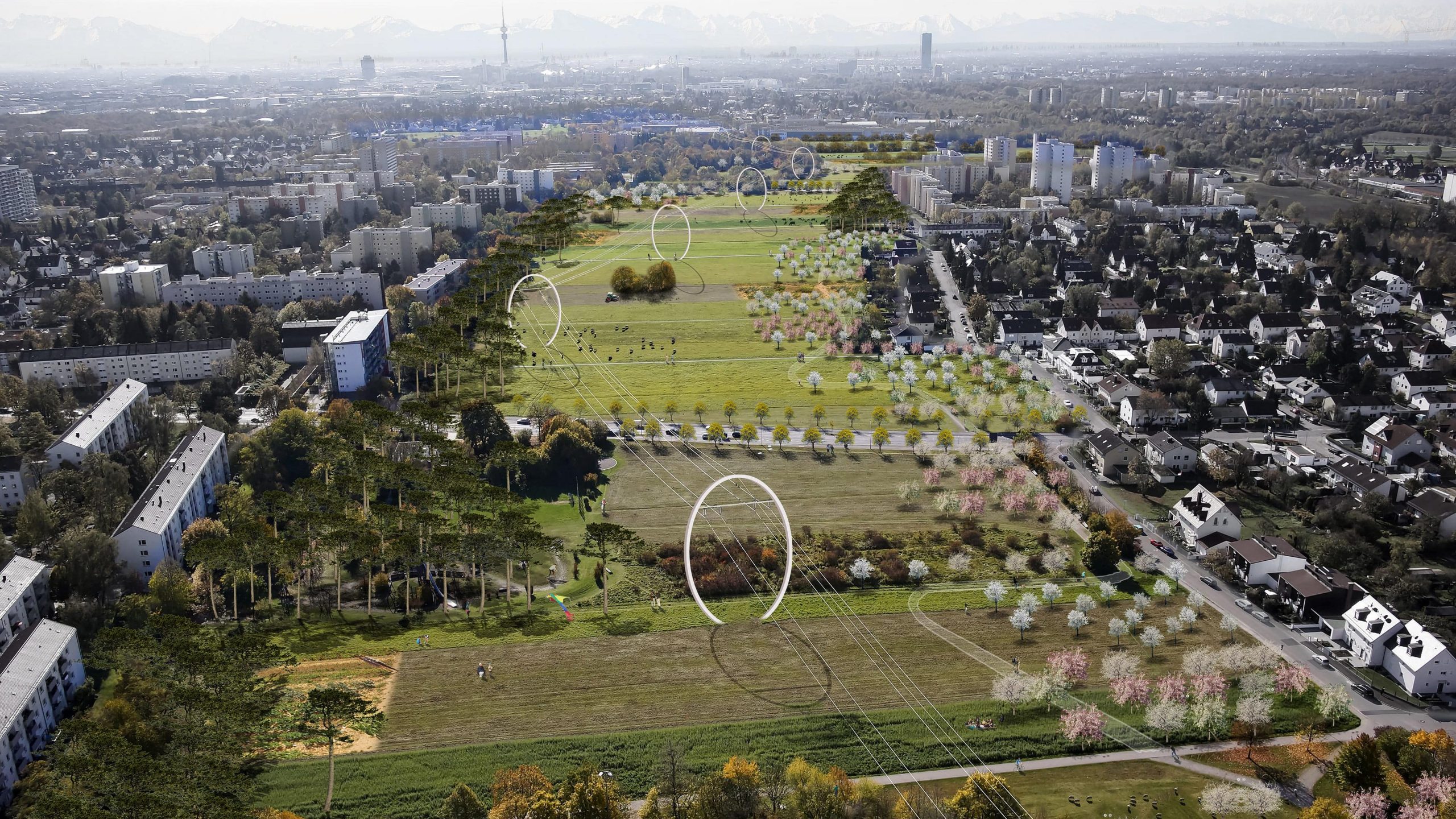 Zu sehen ist eine Luftaufnahme der Parkmeile in München.
